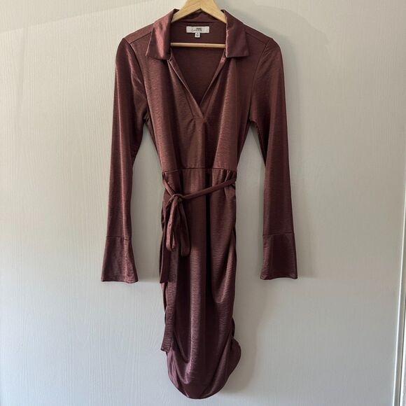 Louna Revolve Satin Mauve Brown Jersey Shirt Ruched Collared Mini Dress‎ Small - Picture 2 of 9
